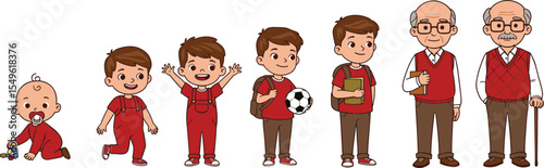 Cartoon male aging stages from baby to elderly man, life growth development illustration, different ages character evolution, childhood to old age concept vector image.