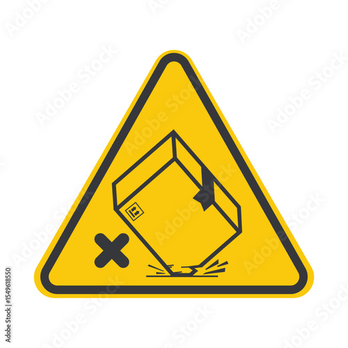 Isolated caution sign warning not to drop the package; contents inside the cardboard box are fragile and require careful handling