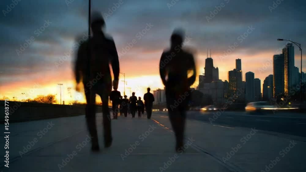 Group of people walking on sidewalk in city area, showing natural Traffic Flow and movement with slight Speed Blur like a soft time lapse in motion