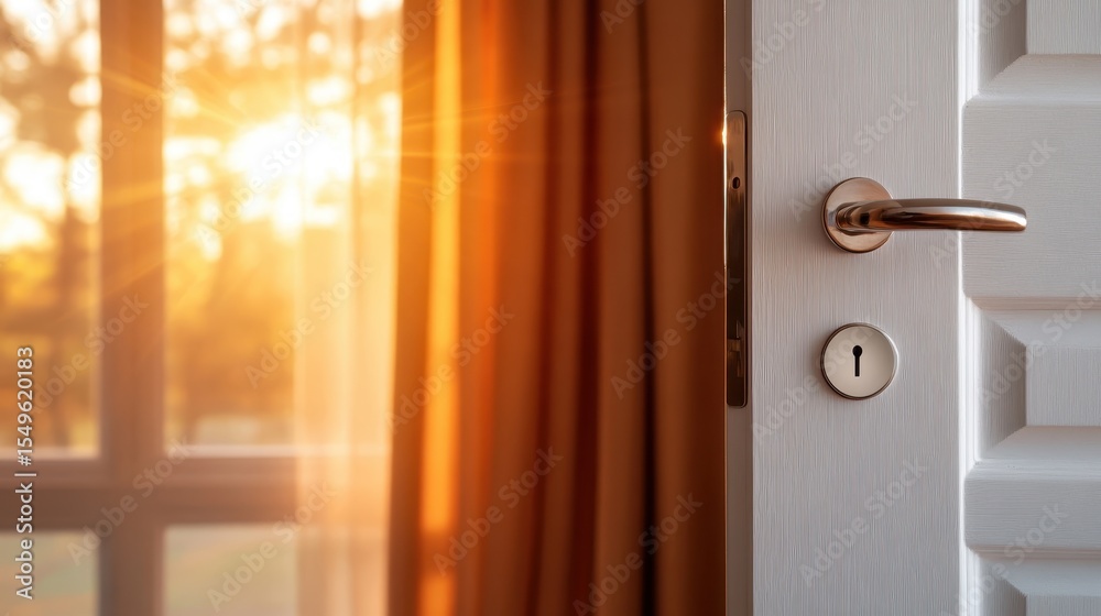 Obraz premium A beautifully lit open door reveals a warm sunrise streaming in, symbolizing hope, new beginnings, and the invitation to embrace the day with positivity and joy.