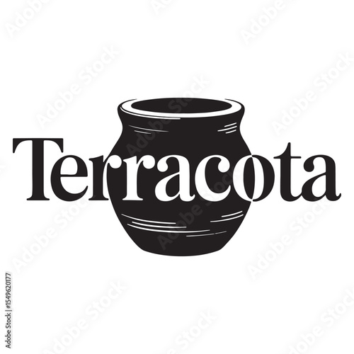 Terracota text with black pot illustration on white background