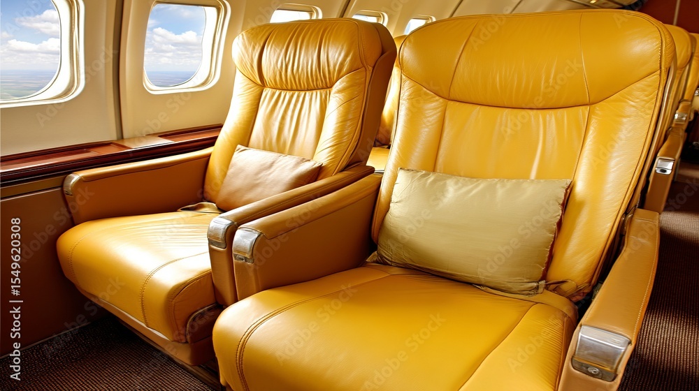 Fototapeta premium Comfortable yellow leather airplane seats with pillows and windows in the interior cabin