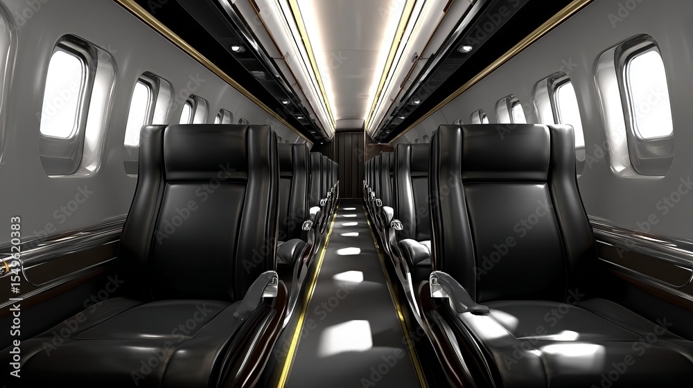 Obraz premium Modern aircraft interior with black leather seats and overhead lighting