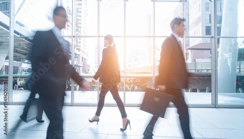 Business professionals in suits walk briskly through a modern city office building, silhouetted by bright sunlight.
