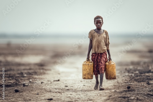 A weary African girl carrying two water cans walks along a dirt road in a barren sub Saharan region to access a public water source