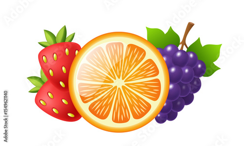 Set of fruits. Grapes, strawberry and orange. Vector illustration