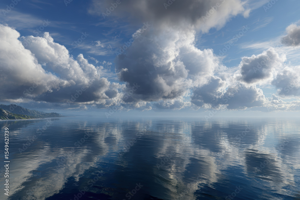 Obraz premium Calm ocean bay revealing reflections of fluffy white clouds