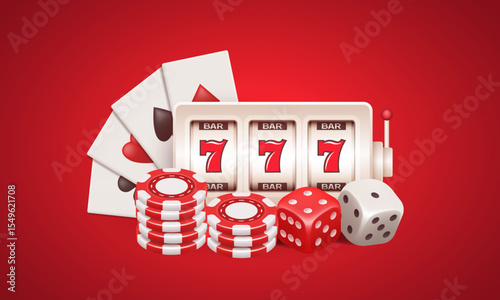 Sot machine, playing cards, chips and dice. Vector 3d illustration isolated on red background.