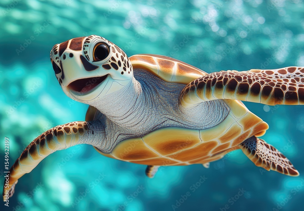 Obraz premium Happy turtle swims in vibrant coral reef