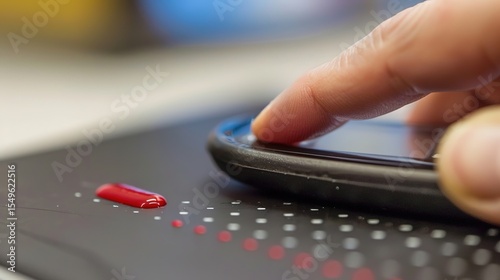 Close-up of diabetic finger prick test with blood drop on glucose meter, diabetes care and monitoring, health checkup and medical examination concept.
