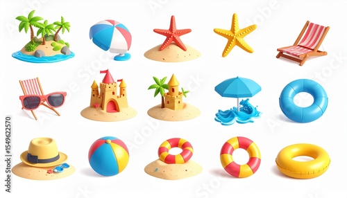 beach 3D vector icon set._island,starfish,sunglasses,beach hat,sand castle,swim ring, 
