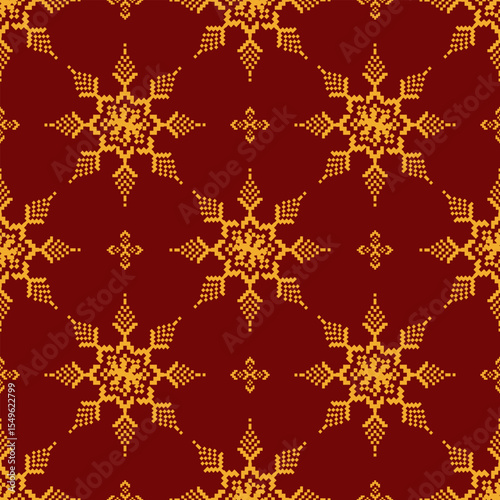 Native ethnic thai geometric pattern samless gold and red on a light gray background. Native thai fabric tiles, wallpaper, carpets.