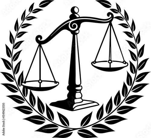 Elegant black silhouette of balanced justice scales with legal icon elements, ideal for law firms, courts, and attorney branding.
