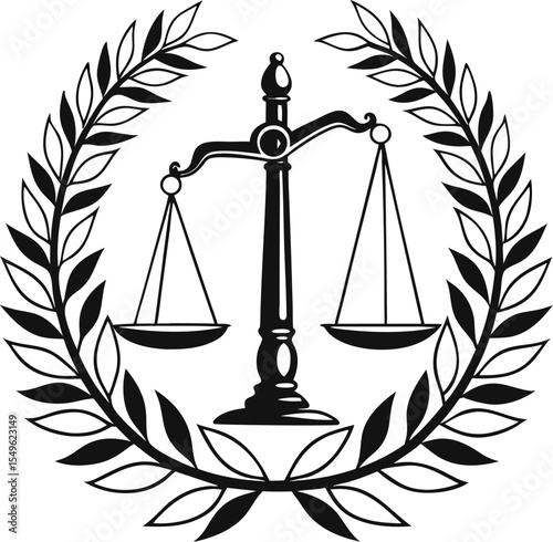 Stylish silhouette vector of justice icons, including courthouse pillars and a gavel, symbolizing fairness, legal system, and rule of law.