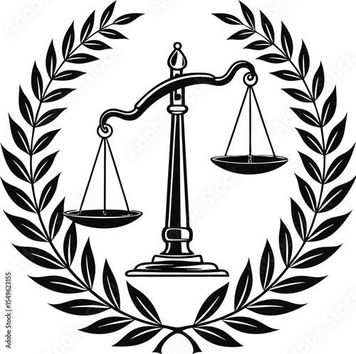 Justice-themed silhouette vector featuring bold icons of scale balance and law hammer, ideal for legal, court, and attorney use.