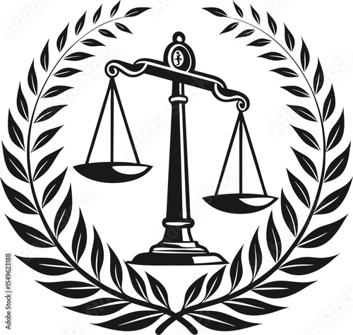 Solid black silhouette of legal symbols including justice balance, gavel, and law book, perfect for legal firm branding or court.