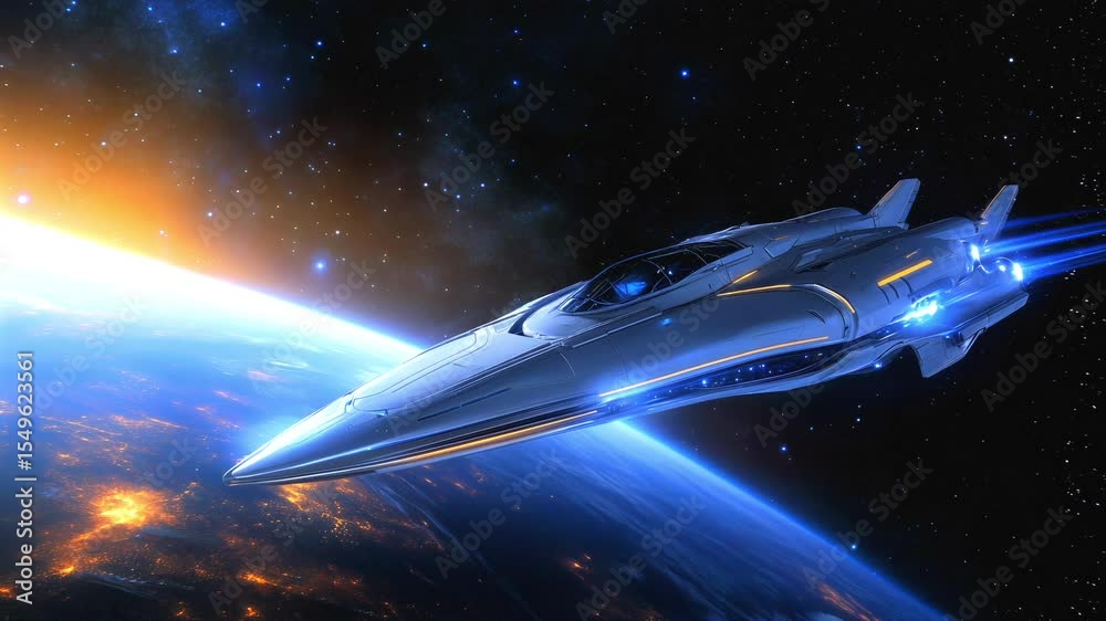 Spaceship moves above glowing Earth with blue light trails, spaceship cuts through cosmic dark with high-speed glow, futuristic spaceship enhances sense of flight, energy, space travel.