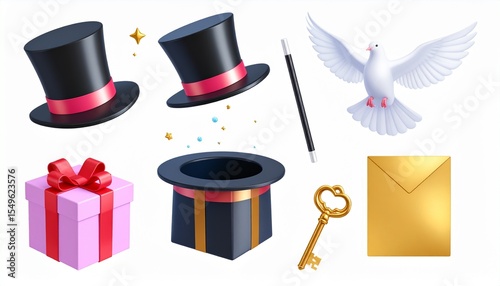 magic 3D vector icon set._magician hat,gift box,white dove,card,key,magic stick 