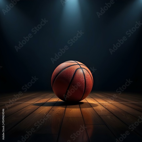 A basketball on a hardwood court under dramatic lighting
