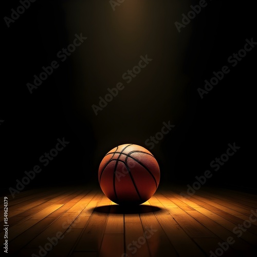 A basketball on a hardwood court under dramatic lighting