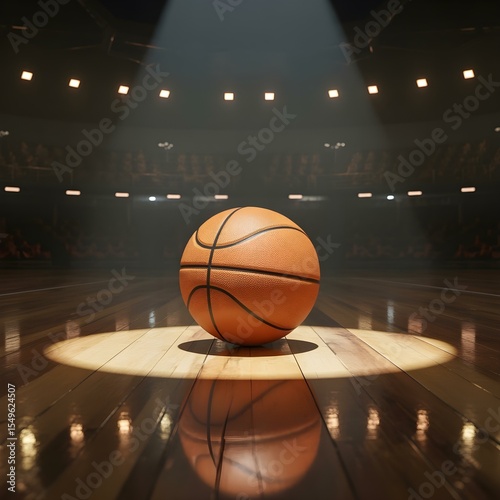 A basketball on a hardwood court under dramatic lighting