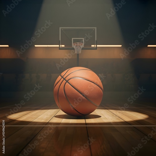 A basketball on a hardwood court under dramatic lighting