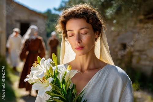 Close-up of a woman in traditional attire, eyes closed in serene prayer, holding white lilies. Ideal for themes of faith, devotion, and mindfulness.