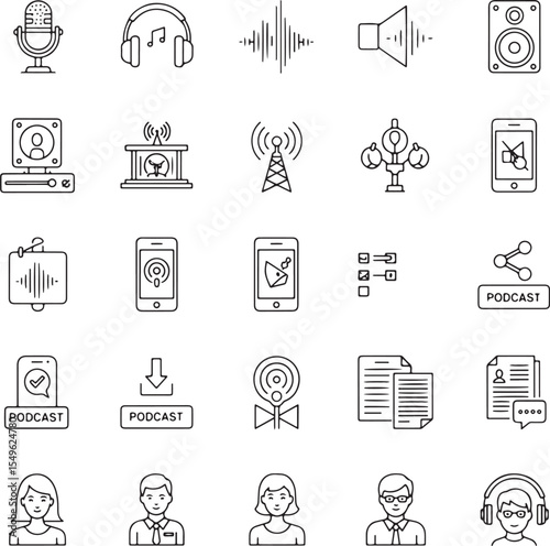 Collection of Twenty Four Black Line Icons Related to Podcasting Radio Broadcasting and Audio Technology Featuring Microphones