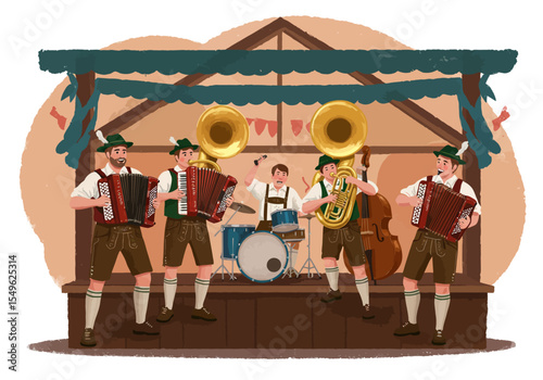 Traditional Bavarian "oom-pah" band playing folk music at Oktoberfest festival.