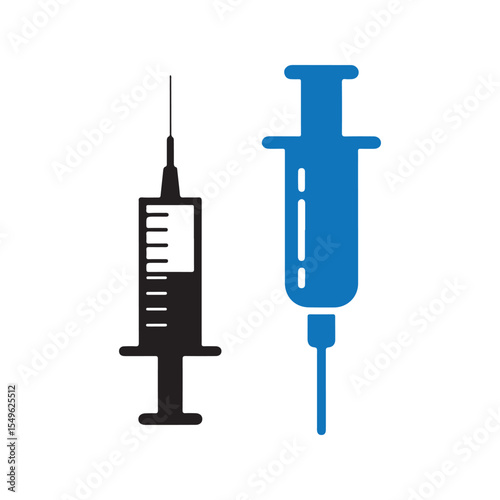 Blue and black syringe icon. Silhouette injection vector. Medical syringe symbol. Vector illustration EPS 10