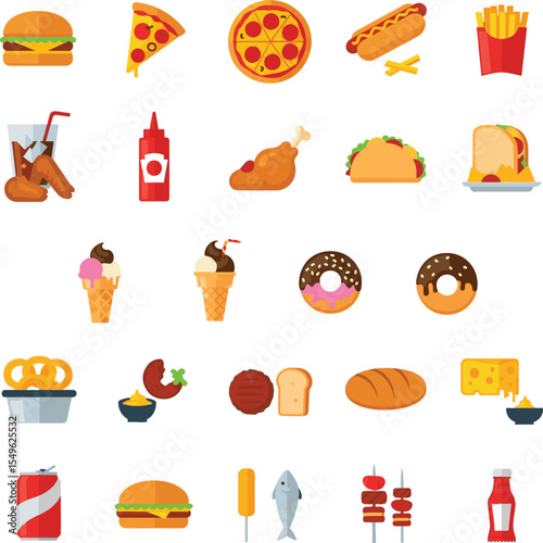 Colorful Flat Icon Set of Diverse Fast Food Items Burgers Pizza Hot Dogs French Fries Ice Cream Donuts Soda Chicken Taco Sandwich