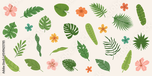 Set of summer green tropical leaves. Botanical jungle plants, leaves and flowers. Flat hand drawn illustration. Summer illustrations on exotic theme