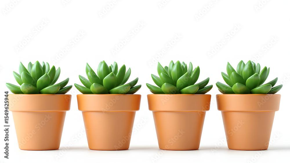 Obraz premium Four Succulent Plants in Terracotta Pots Isolated on White Background