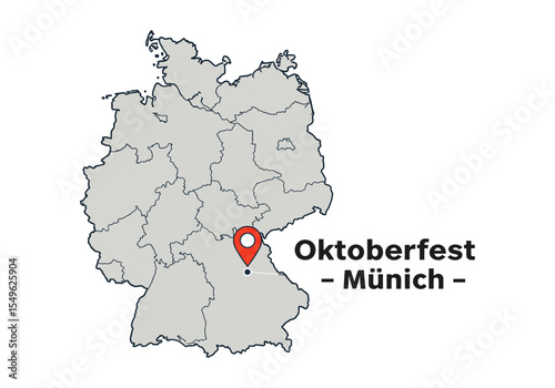 Map of Germany highlighting Munich in Bavaria as the location for Oktoberfest festival.
