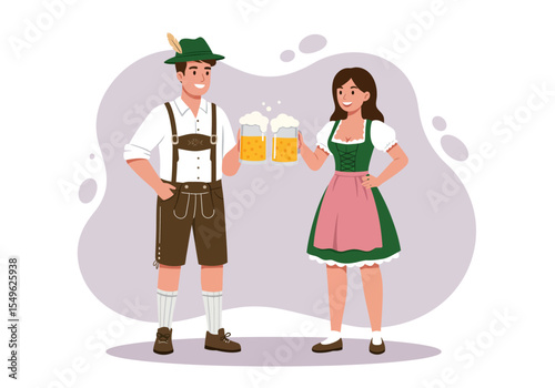 Happy young couple in Lederhosen and Dirndl toasting with beer at Oktoberfest.