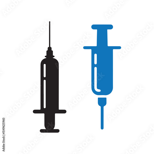 Blue and black syringe icon. Silhouette injection vector. Medical syringe symbol. Vector illustration EPS 10
