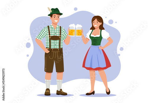Happy young couple in Lederhosen and Dirndl toasting with beer at Oktoberfest.