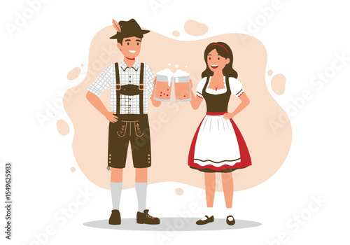 Happy young couple in Lederhosen and Dirndl toasting with beer at Oktoberfest.