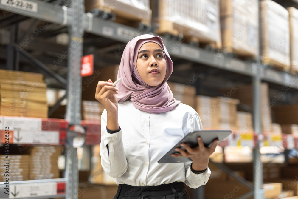 Fototapeta premium Young muslim women wearing hijab smiles while holding tablet checking goods stock inspacious warehouse. Female islamic worker at large storage facility.