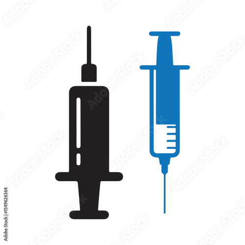 Blue and black syringe icon. Silhouette injection vector. Medical syringe symbol. Vector illustration EPS 10
