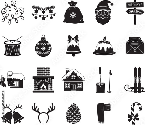 Thirty Black and White Christmas Icons Set Featuring Festive Decorations Winter Holiday Symbols and Seasonal Items Including