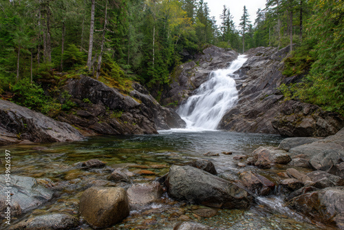 Waterfall cascading over rocky cliffs in lush greenery