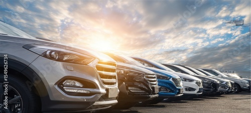 The lineup of modern cars at sunset against a dramatic sky background.