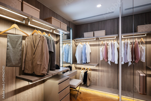Modern walk-in closet with organized clothes and warm lighting