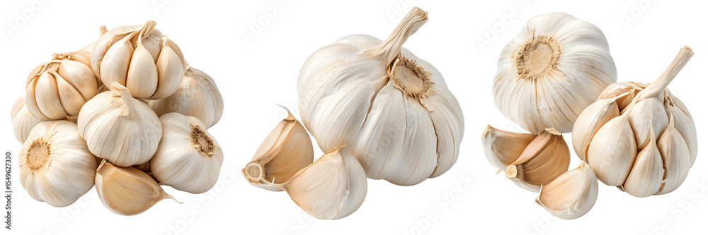 Obraz premium Set for Garlic bulbs and cloves isolated on transparent background, PNG