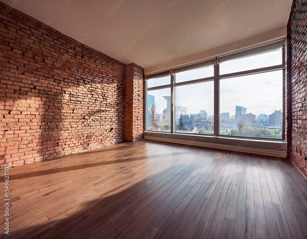 Obraz premium minimalist empty room with large windows brick wall and wooden floor studio with natural light and city view