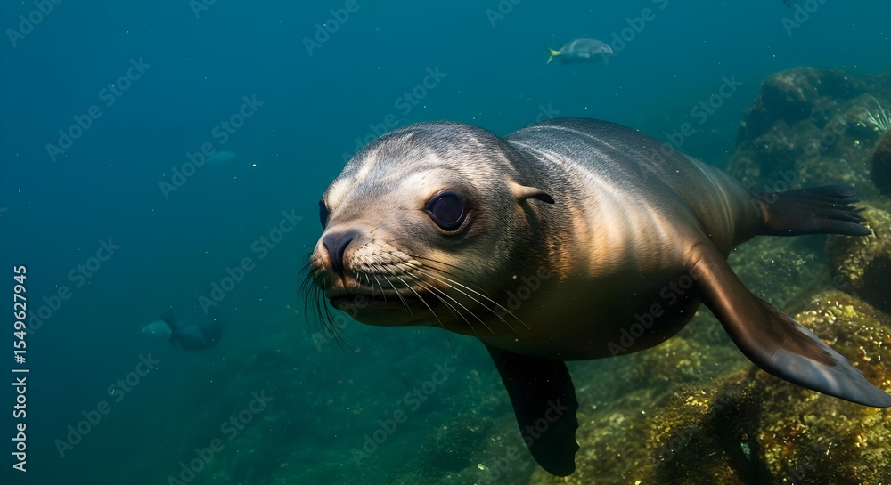 Fototapeta premium Sea lion, Underwater, Ocean, Underwater Portrait of a Curious Sea Lion