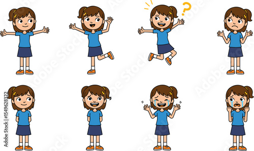 Cartoon girl showing various facial expressions and emotions, different emotional poses, cute character set, kids feelings illustration, emotional mood changes