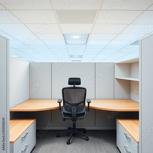 Empty office cubicle with chair and desk