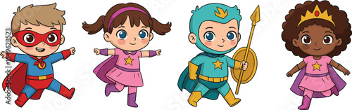 Cute kids dressed as superheroes and princesses, cartoon children in fantasy costumes, playful character design, fun childhood concept, hero girls and boys illustration vector.